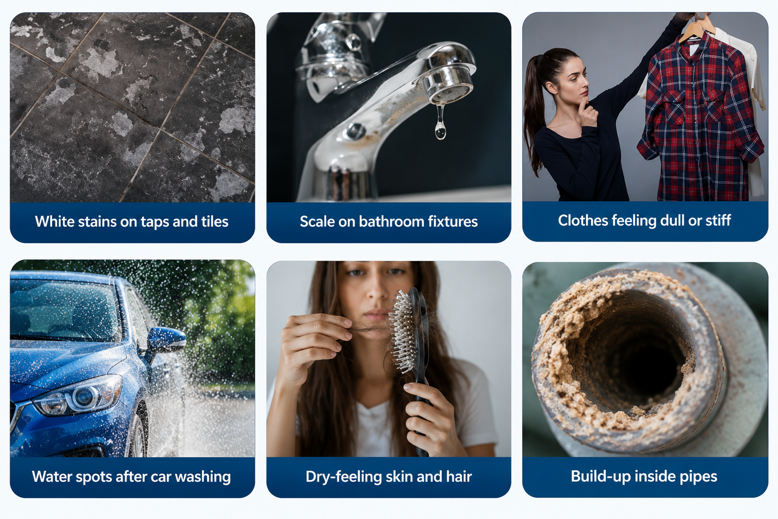 Common hard-water issues: white stains on taps and tiles, scale on bathroom fixtures, dull or stiff clothes, water spots after car washing, dry-feeling skin and hair, and build-up inside pipes.
